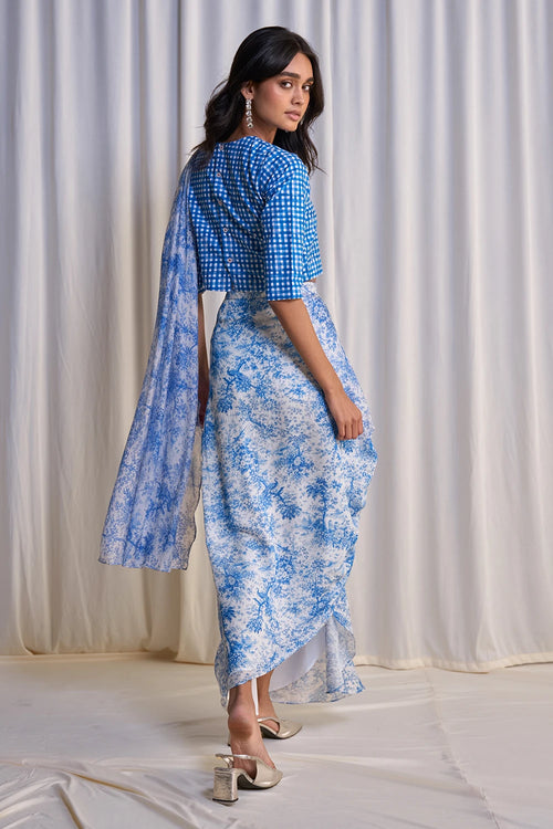Linen Madras Check Print Top And Toile Print Sari Drape Skirt
