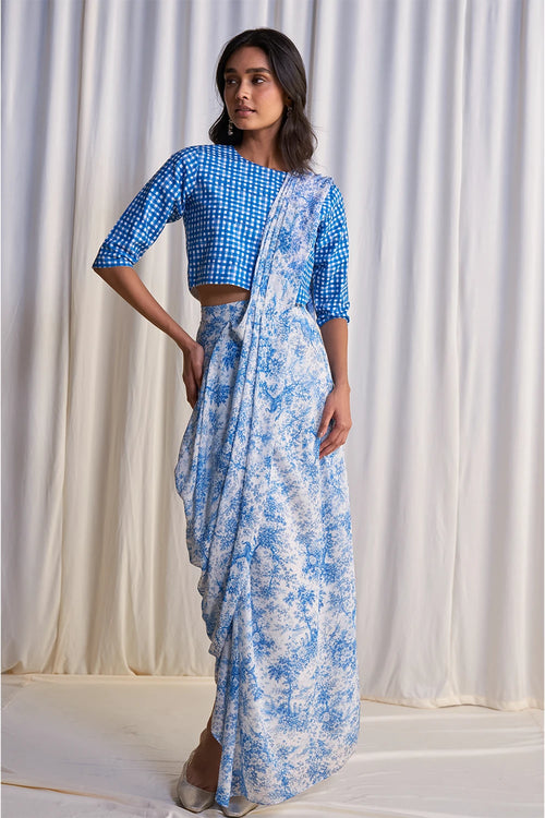 Linen Madras Check Print Top And Toile Print Sari Drape Skirt