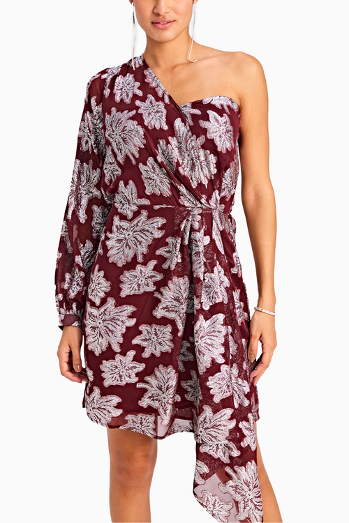 One Shoulder Wine Lurex Dress