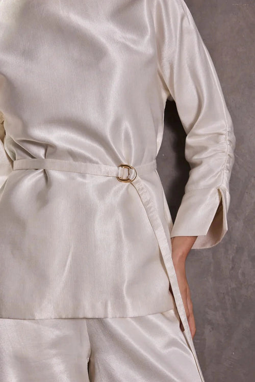 Ivory Gajji Silk Belted Top With Ruched Sleeves