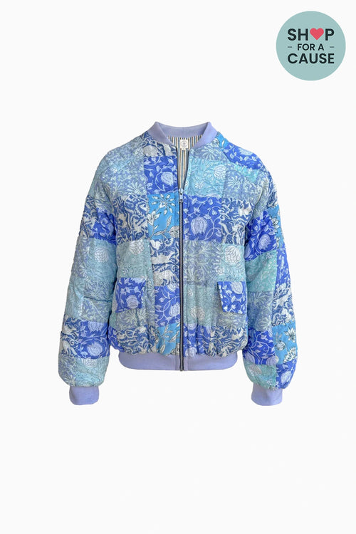 Blue Patchwork Bomber Jacket
