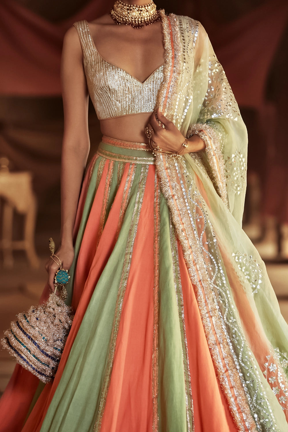 Peach and Mint Meraki Lehenga Set