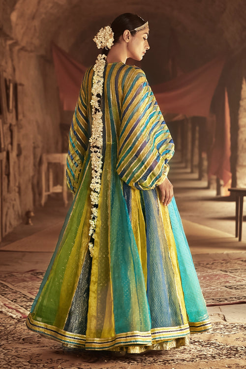 Multicolour and Gold Mahi Kaftan Jacket Skirt Set
