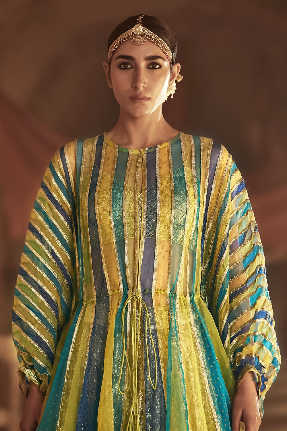 Multicolour and Gold Mahi Kaftan Jacket Skirt Set