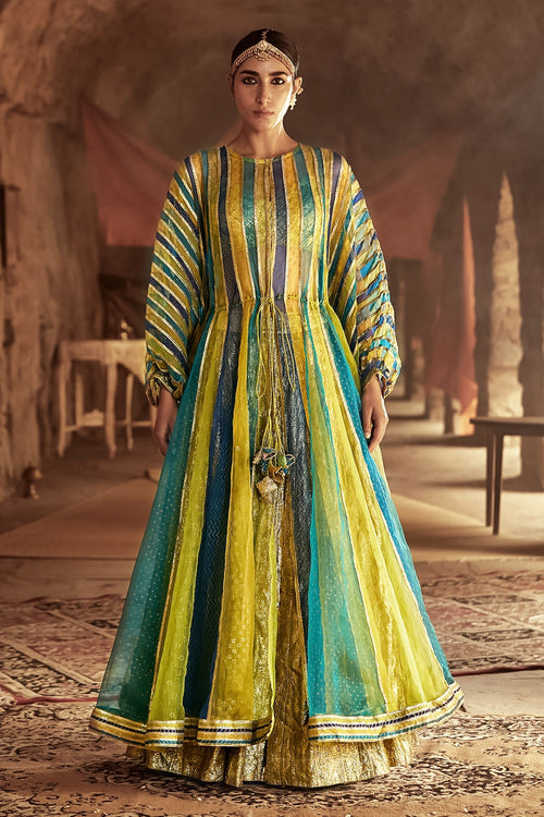 Multicolour and Gold Mahi Kaftan Jacket Skirt Set