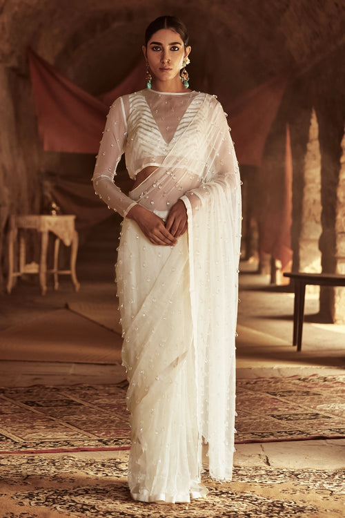 Off White with Silver Noor Saree Blouse Set