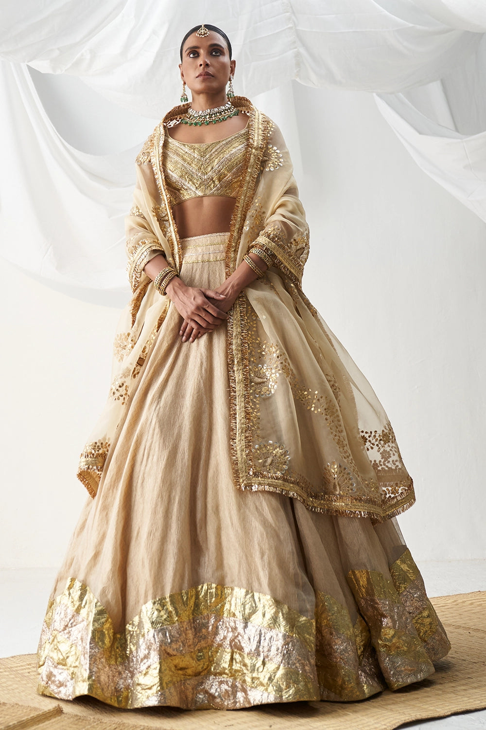 Son Champa Beige & Gold Lehenga Set