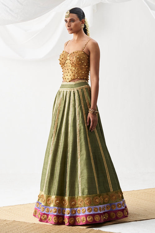 Gul-Mehendi Olive Lehenga With Corset