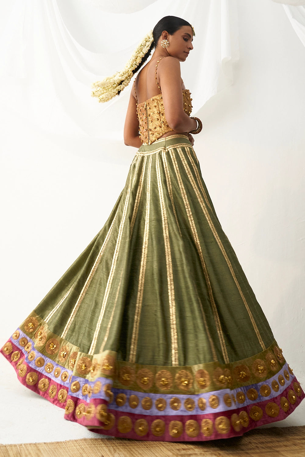 Gul-Mehendi Olive Lehenga With Corset