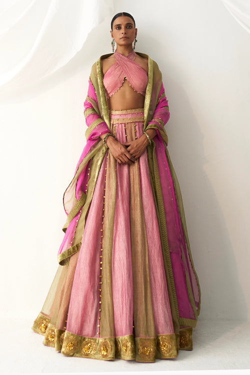 Basanti Gulabi Pink & Olive Lehenga Set