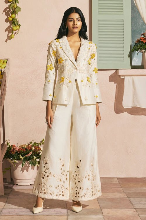 Ivory 3D Applique And Beadwork Blazer With Pants