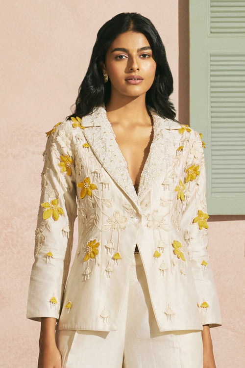 Ivory 3D Applique And Beadwork Blazer