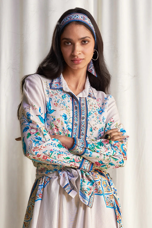 Linen Botanical Print Shirt And Twilly Scarf