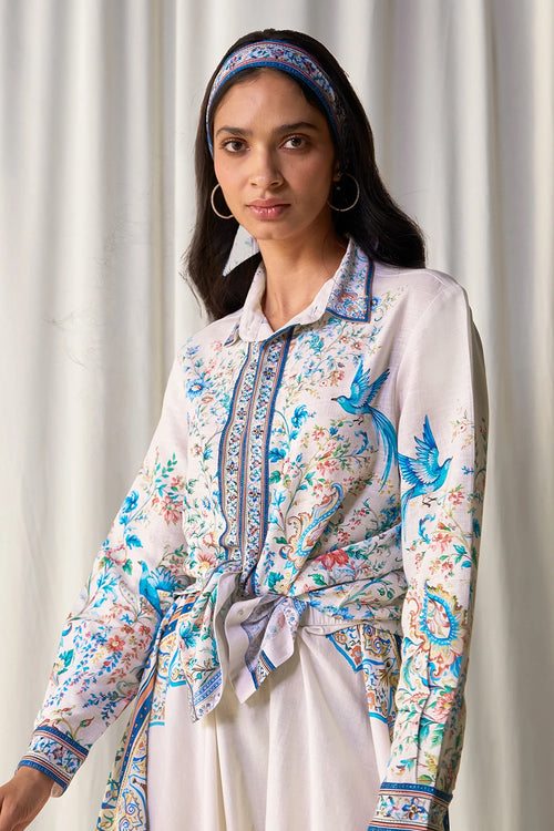 Linen Botanical Print Shirt And Twilly Scarf