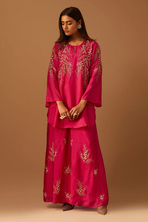 Hot Pink Floral Embroidered Silk Sharara Set