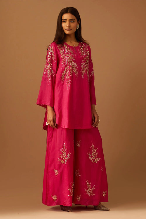 Hot Pink Floral Embroidered Silk Sharara Set