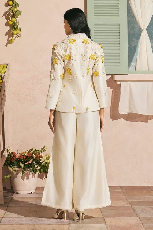 Ivory 3D Applique And Beadwork Blazer With Pants