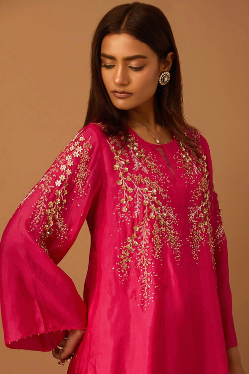 Hot Pink Floral Embroidered Silk Sharara Set