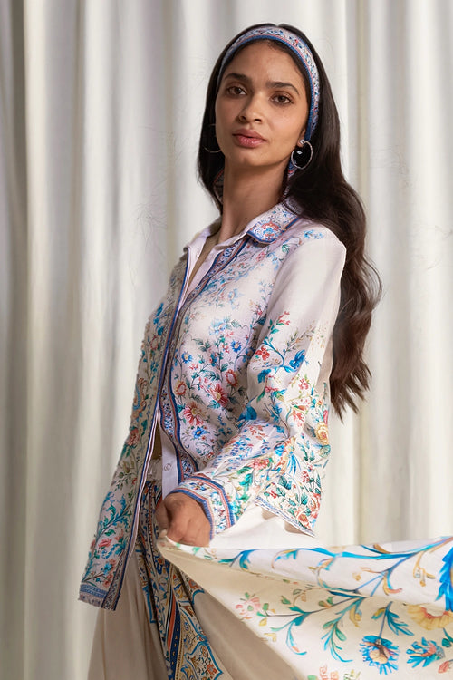 Linen Botanical Print Shirt And Twilly Scarf