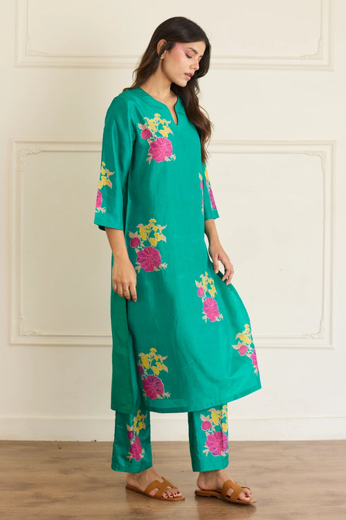 Jade Green Floral Silk Co-ord Set
