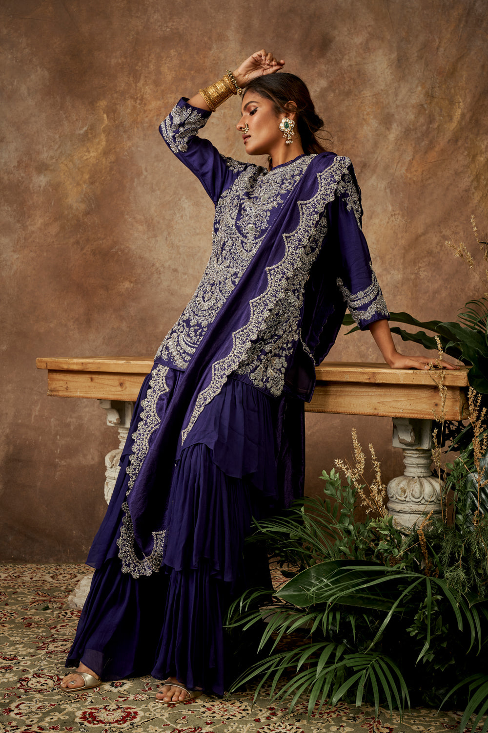 Purple Embroidered Tunic and Sharara with Dupatta