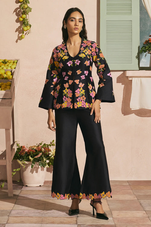 Black Bougainvillea Pleated Jacket With Pants
