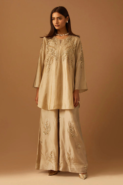 Floral Embroidered Shell Silk Sharara Set