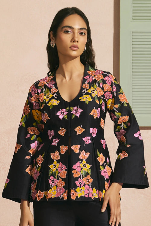 Black Bougainvillea Pleated Jacket With Pants