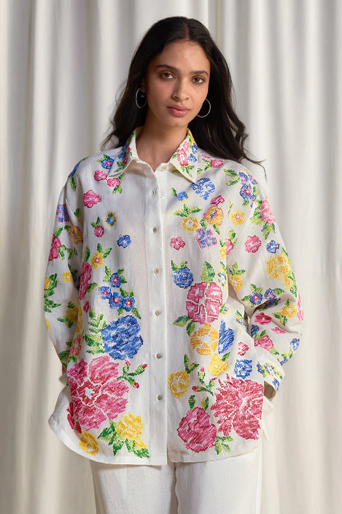 Linen Floral Cross Stitch Embroidered Shirt