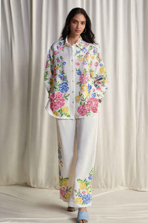 Linen Floral Cross Stitch Embroidered Pant