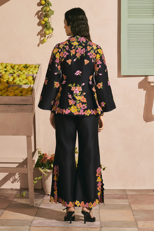 Black Bougainvillea Pleated Jacket With Pants