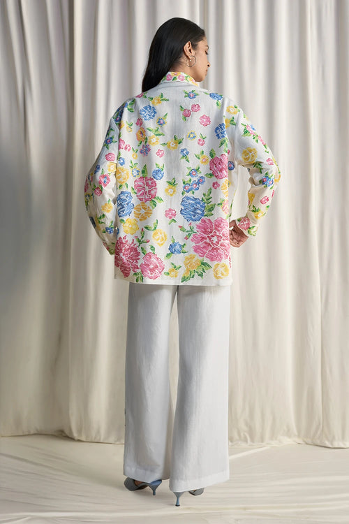 Linen Floral Cross Stitch Embroidered Pant