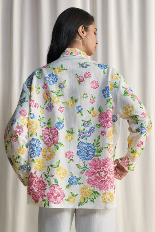 Linen Floral Cross Stitch Embroidered Shirt