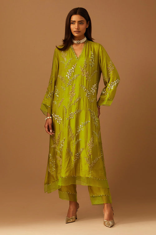 Henna Leaf Floral Embroidered Silk Kurta Set