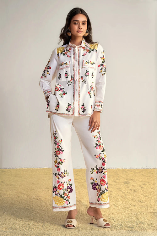 Placement Floral Embroidered Poplin Pant