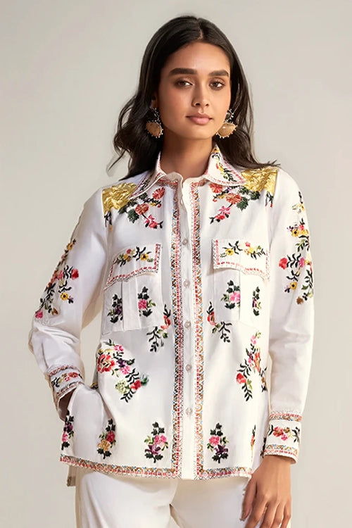 Placement Floral Embroidered Poplin Shirt