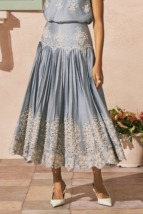 Powder Blue Contrast Cutwork Pleated Skirt