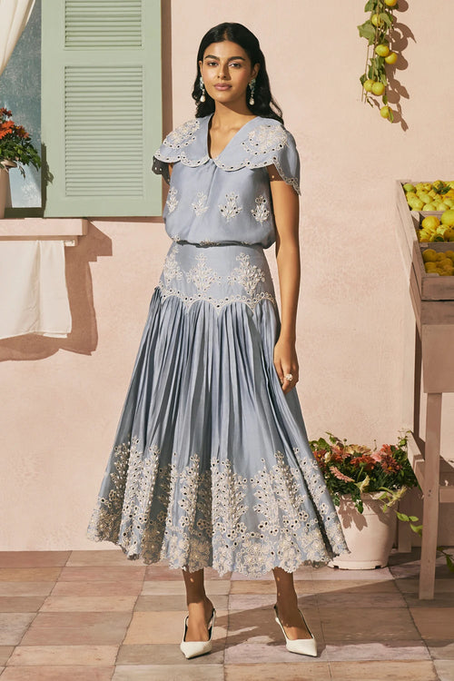 Powder Blue Contrast Cutwork Shirt With Pleated Skirt