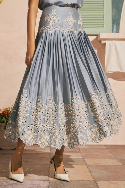 Powder Blue Contrast Cutwork Pleated Skirt