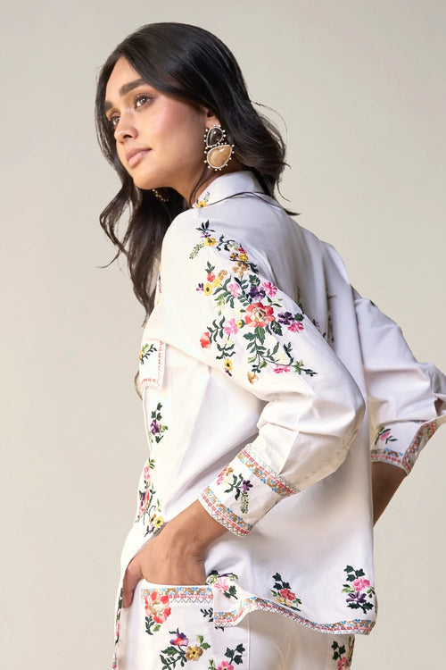 Placement Floral Embroidered Poplin Pant Set