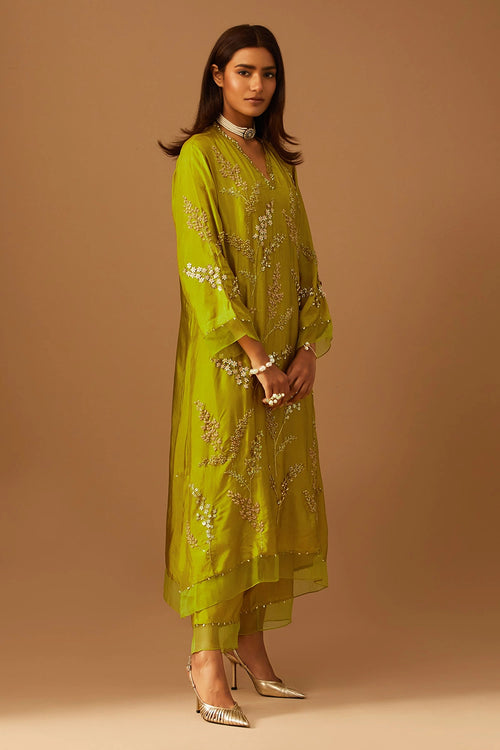 Henna Leaf Floral Embroidered Silk Kurta Set