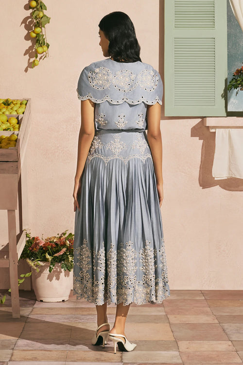Powder Blue Contrast Cutwork Shirt With Pleated Skirt