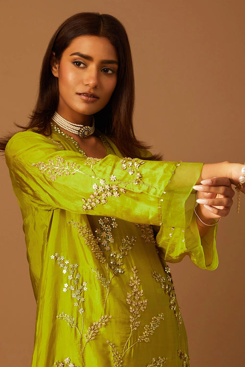 Henna Leaf Floral Embroidered Silk Kurta Set