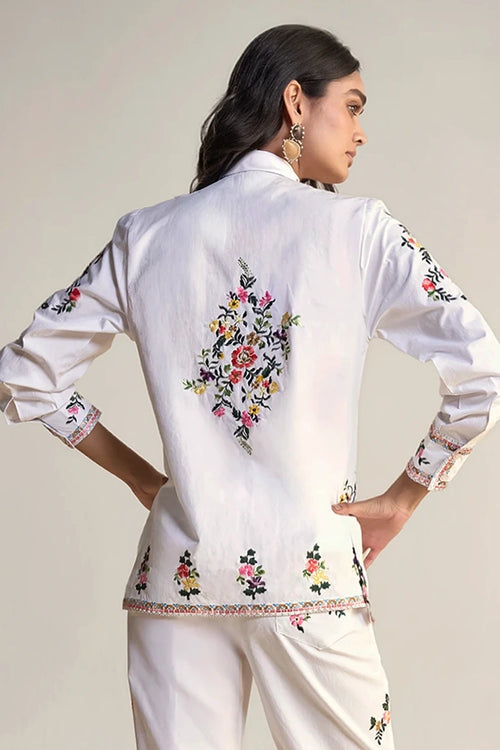 Placement Floral Embroidered Poplin Shirt