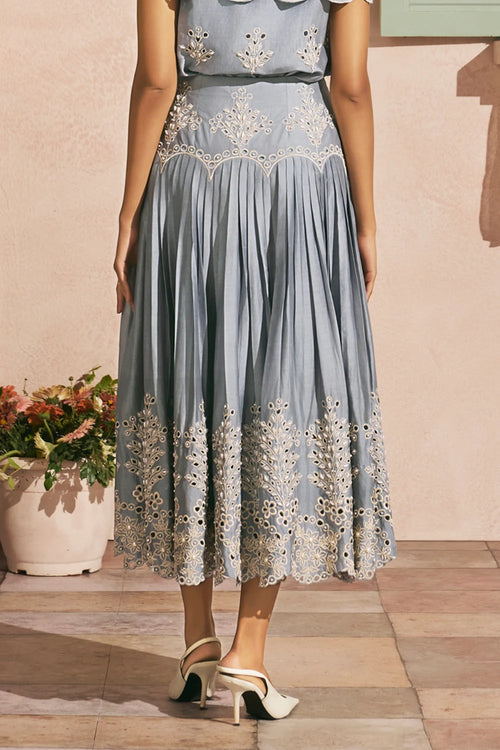 Powder Blue Contrast Cutwork Pleated Skirt