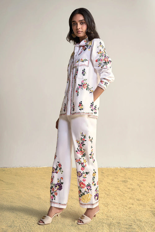 Placement Floral Embroidered Poplin Pant