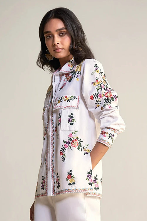 Placement Floral Embroidered Poplin Shirt