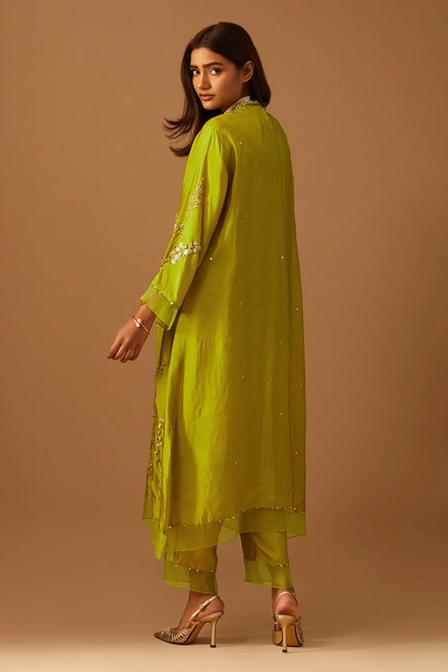 Henna Leaf Floral Embroidered Silk Kurta Set