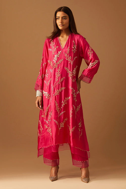 Hot Pink Leaf Floral Embroidered Silk Kurta Set