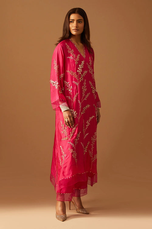 Hot Pink Leaf Floral Embroidered Silk Kurta Set